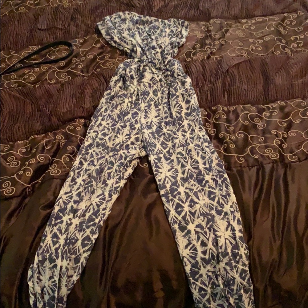 Strapless blue jumpsuit